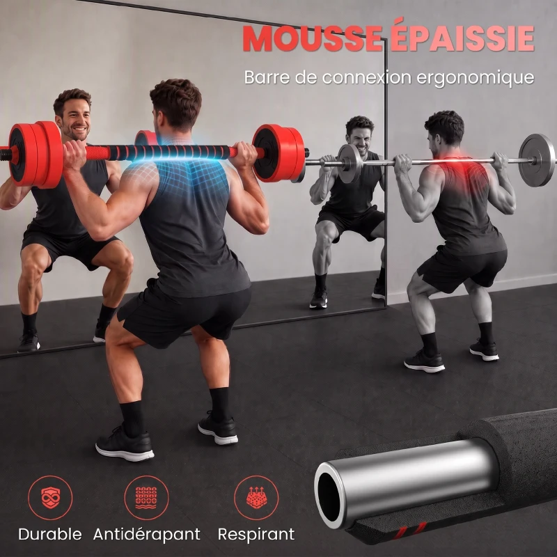 SPORTNOW Kit haltères musculation, haltères réglables 4 en 1, 20 kg, avec disques et barres, équipement de gym à domicile, rouge