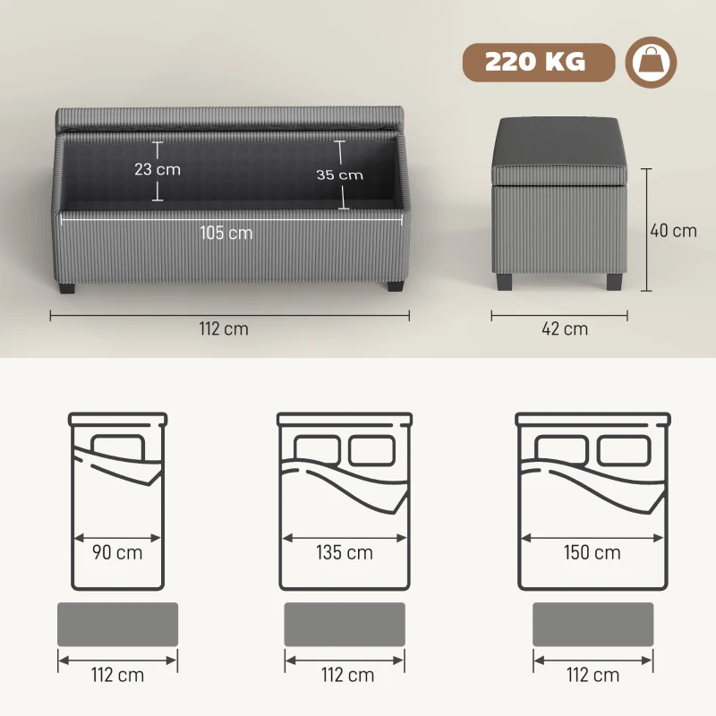 HOMCOM Banc de rangement bout de lit en velours côtelé avec couvercle, pour salon, chambre, entrée, 112 x 42 x 40 cm, gris