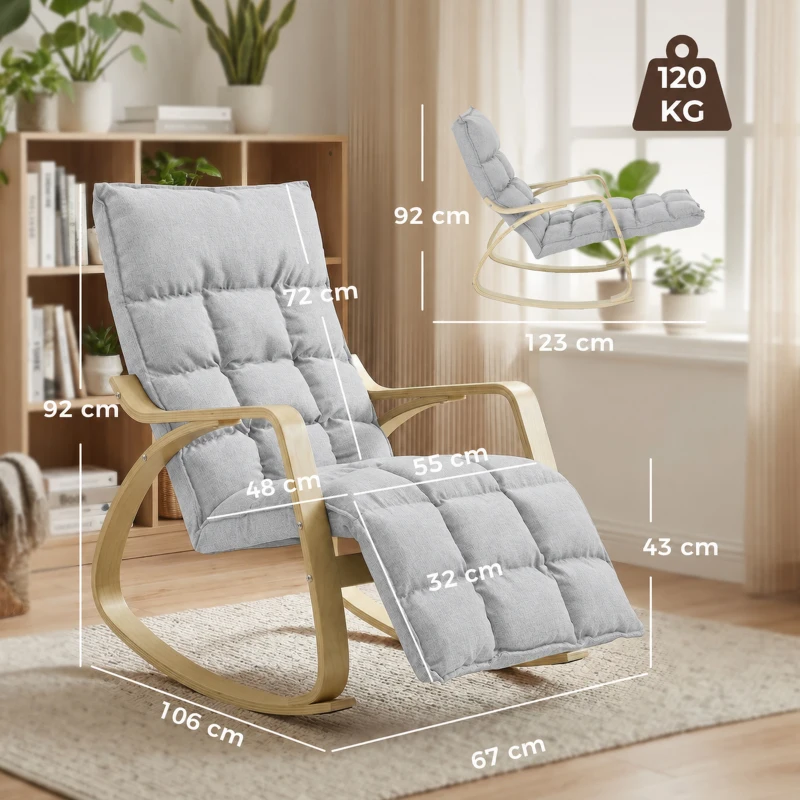 HOMCOM Poltrona de Balanço com Apoio de Pés Ajustável, Cadeira de Balanço com Pés em Madeira de Bétula, 67x93x105cm, Cinzento Claro