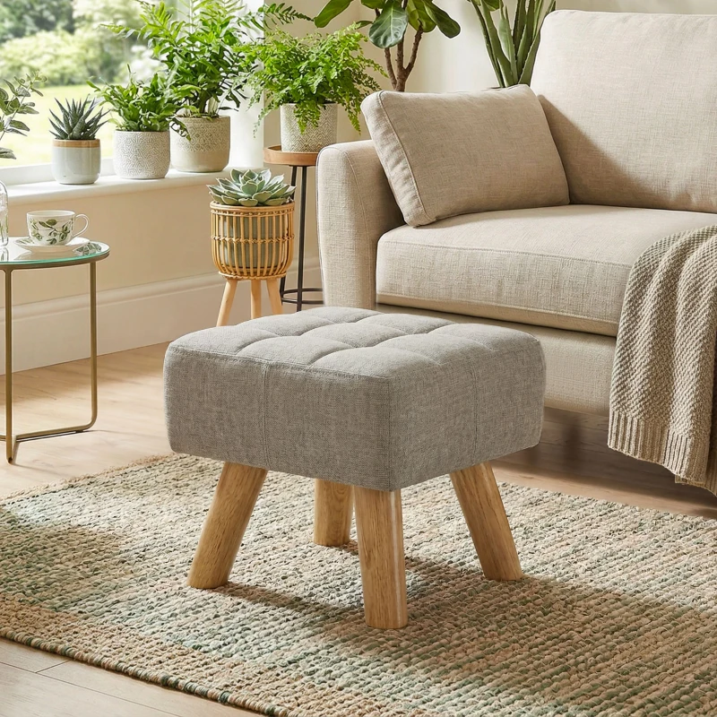 HOMCOM Repose pied salon ottoman siège rembourré en tissu avec pieds en bois 27 x 27 x 26 cm gris clair