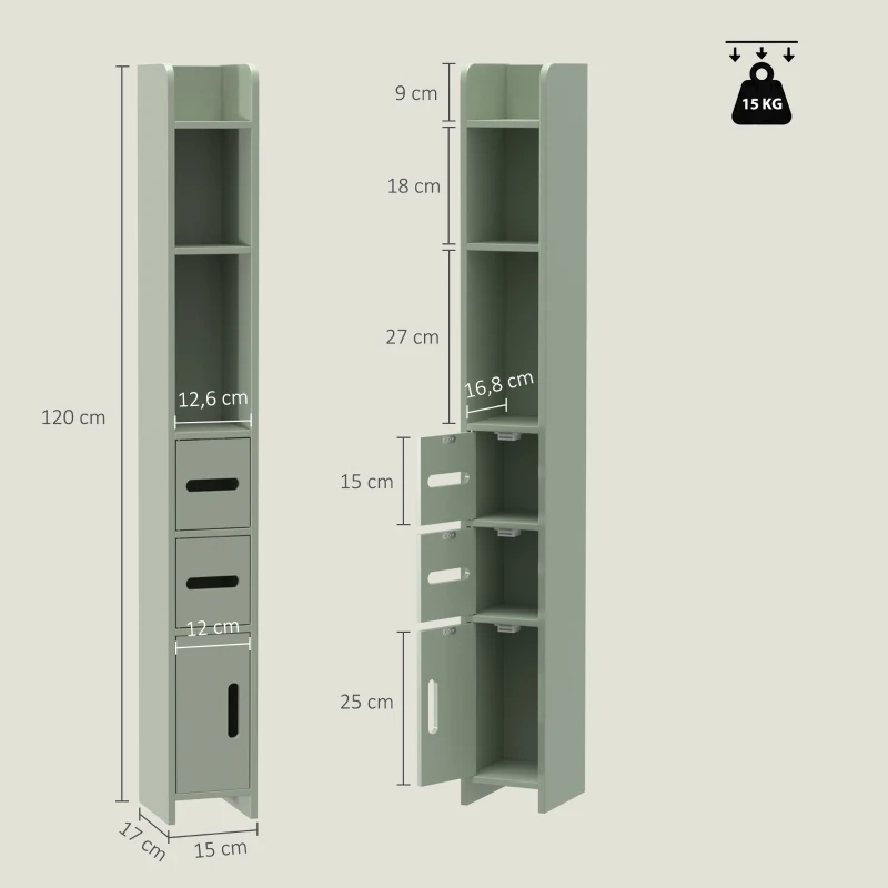 kleankin Mueble Columna de Baño, Armario Alto con Estantes y Compartimentos - 15 x 17 x 120 cm, Verde Claro