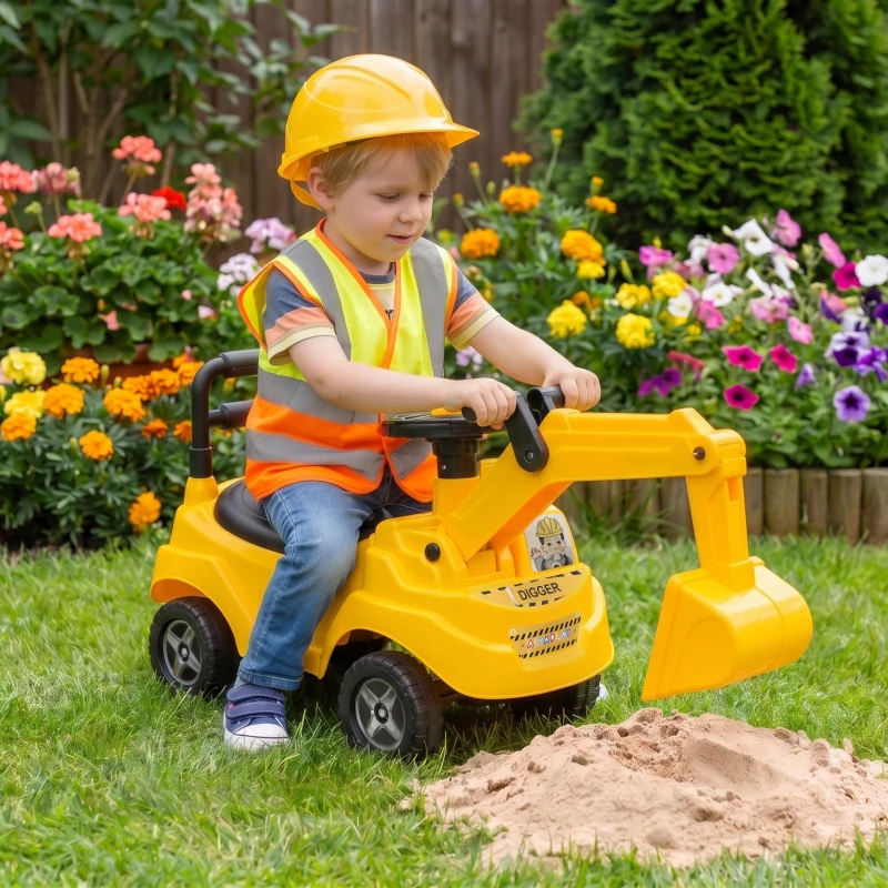 AIYAPLAY Ride On Tractor Digger, Toddler Excavator Toy Car with Adjustable Bucket, Horn, Under Seat Storage for Ages 1-3 Y Yellow
