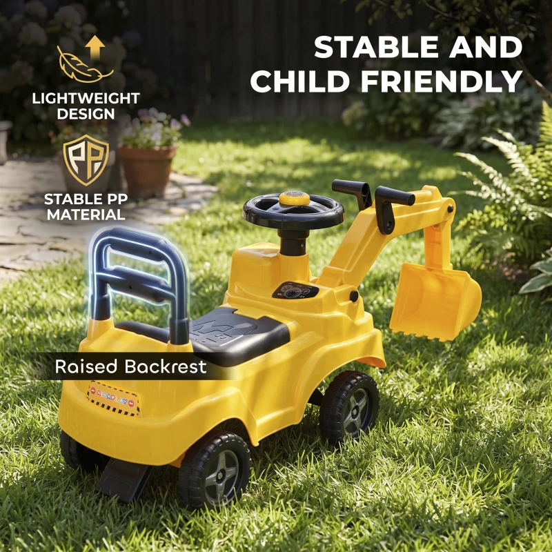AIYAPLAY Ride On Tractor Digger, Toddler Excavator Toy Car with Adjustable Bucket, Horn, Under Seat Storage for Ages 1-3 Y Yellow