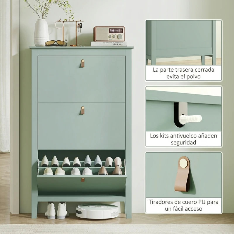 HOMCOM Zapatero Estrecho con 3 Compartimentos y Tiradores de Cuero PU para Pasillos y Recibidores 80x24x131 cm Verde Claro