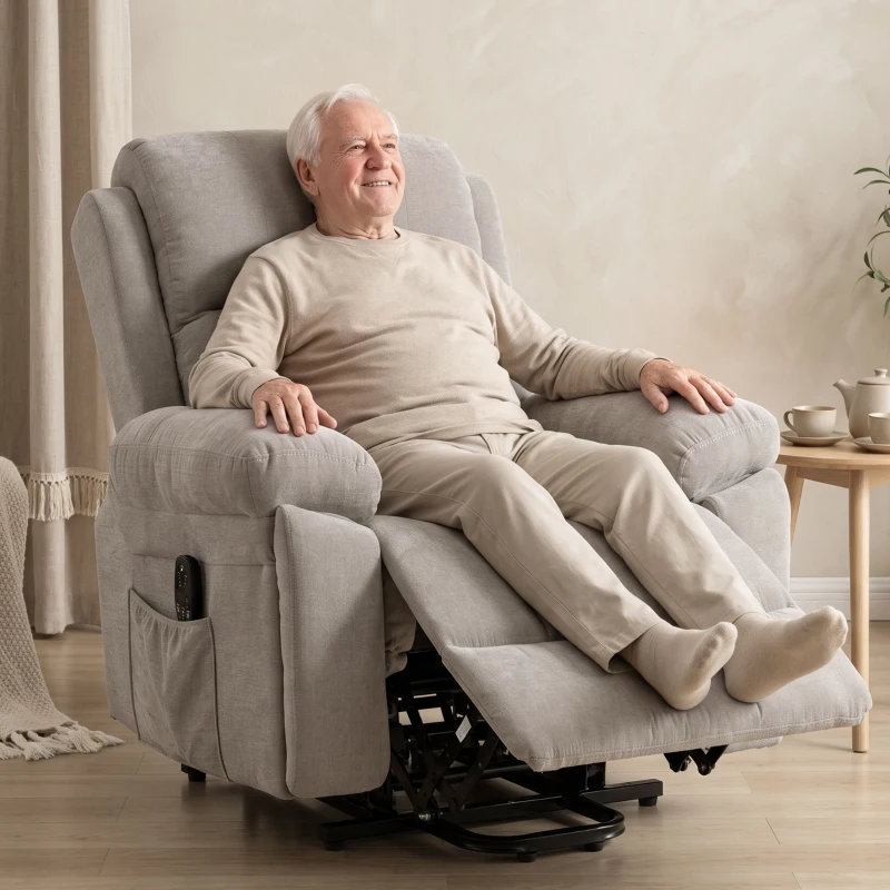 HOMCOM Fauteuil Électrique Releveur Inclinable, Chauffant, Massant 8 Points, en Chenille, 2 Télécommandes, Beige