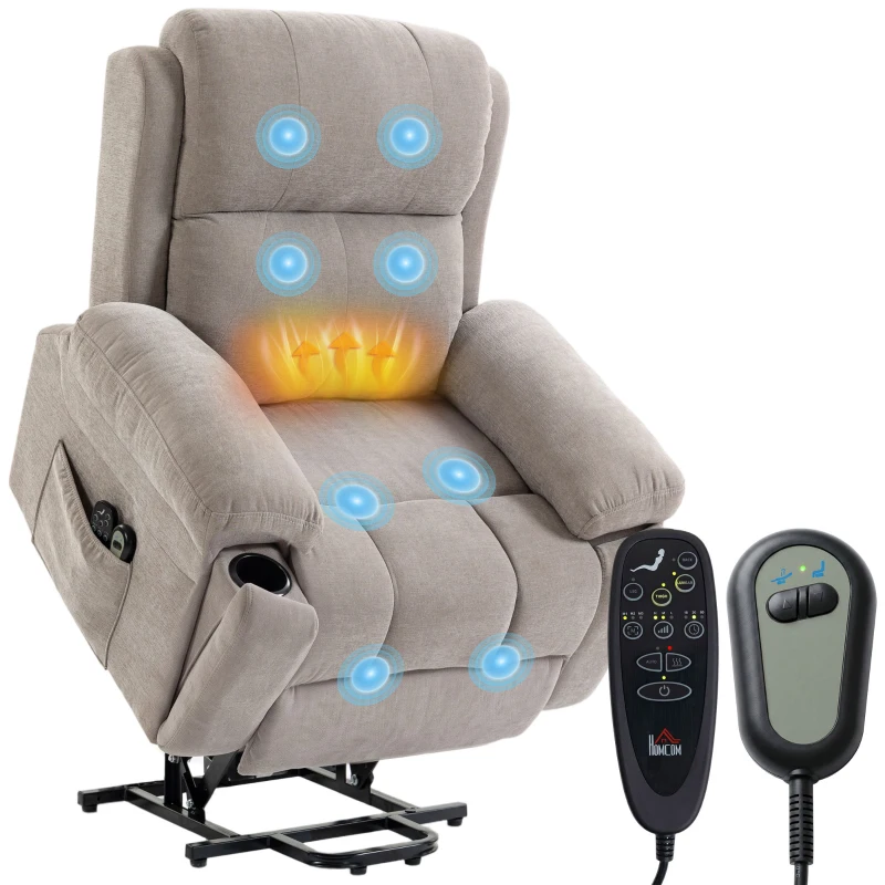 HOMCOM Fauteuil Électrique Releveur Inclinable, Chauffant, Massant 8 Points, en Chenille, 2 Télécommandes, Beige