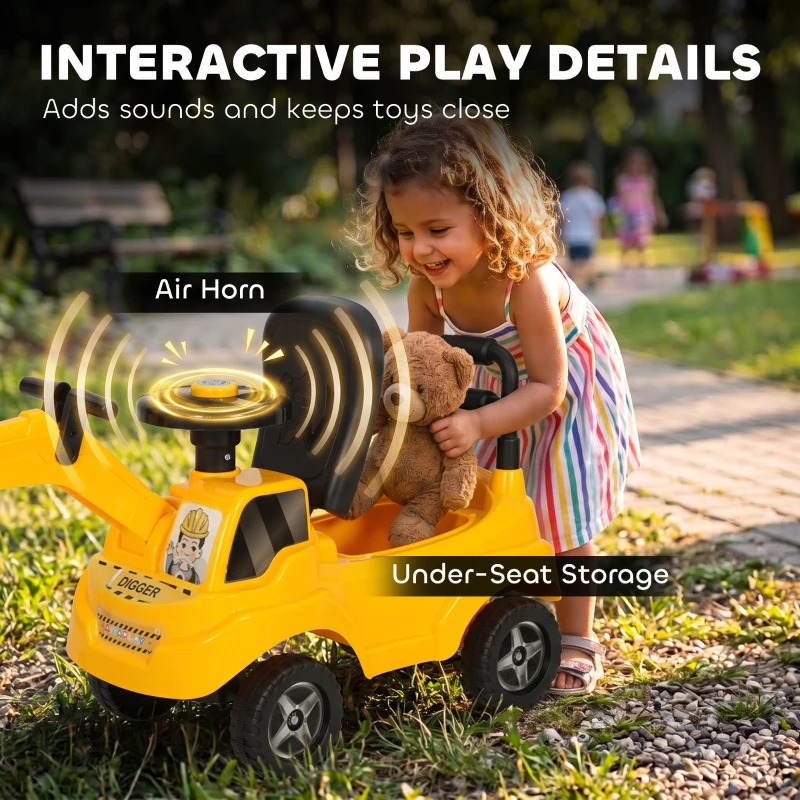 AIYAPLAY Ride On Tractor Digger, Toddler Excavator Toy Car with Adjustable Bucket, Horn, Under Seat Storage for Ages 1-3 Y Yellow