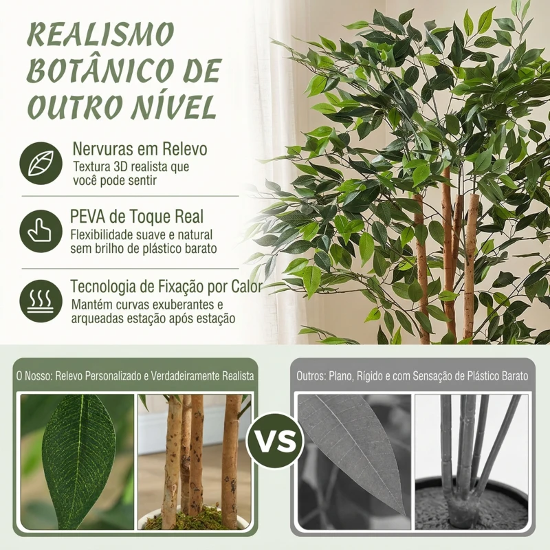 HOMCOM Ficus Artificial 150 cm com Tronco Natural Planta Artificial Realista para Interior com Vaso Decoração 65x65x150 cm Verde