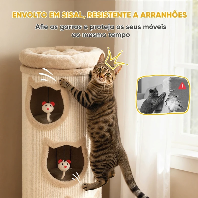 PawHut Barril Arranhador para Gatos 4 Níveis Ø38x96 cm, com 3 Tocas, Cama Superior Lavável, Sisal e 3 Brinquedos, Creme