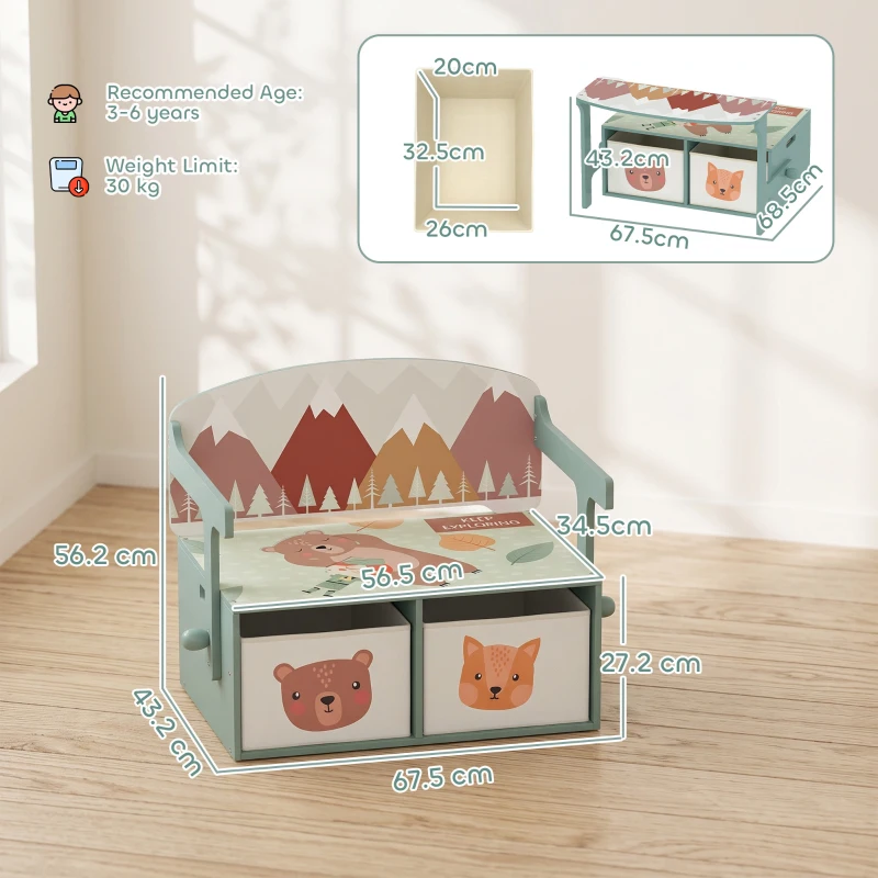 AIYAPLAY Kids Table and Chair Set, 3 in 1 Wooden Toy Box with 2 Fabric Drawers for Bedroom, Playroom, Gift for Boys Girls, Green