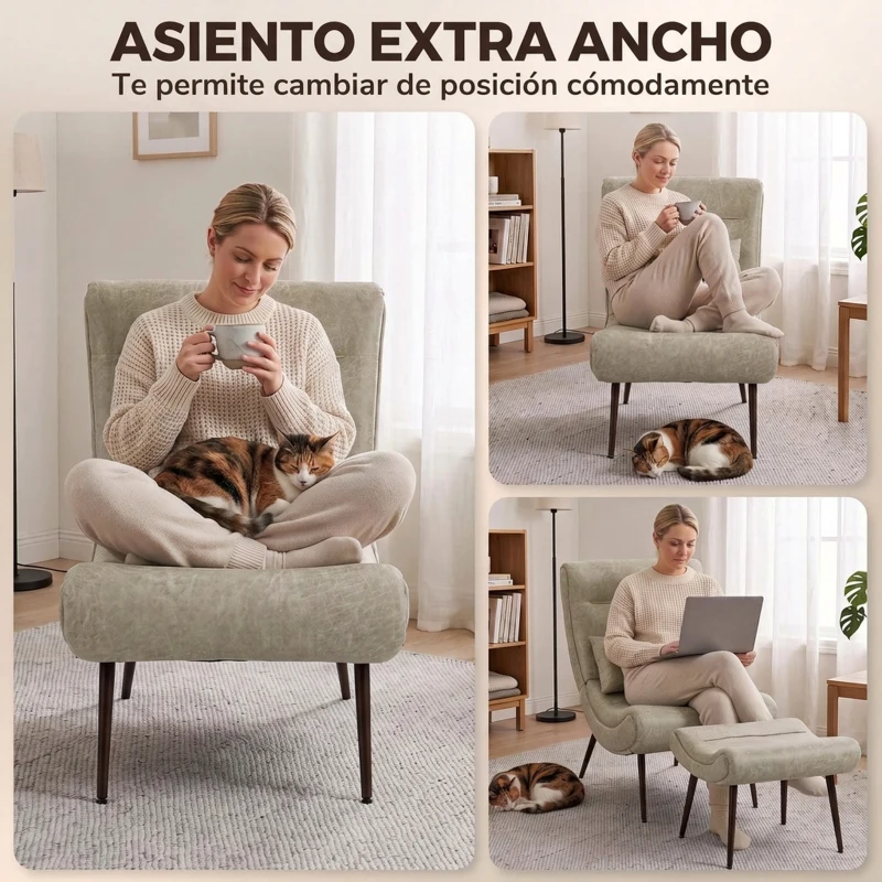 HOMCOM Sillón con Reposapiés Asiento Ancho Cojín Lumbar y Respaldo Curvo Tapizado en Leathaire Patas de Acero Blanco Crema