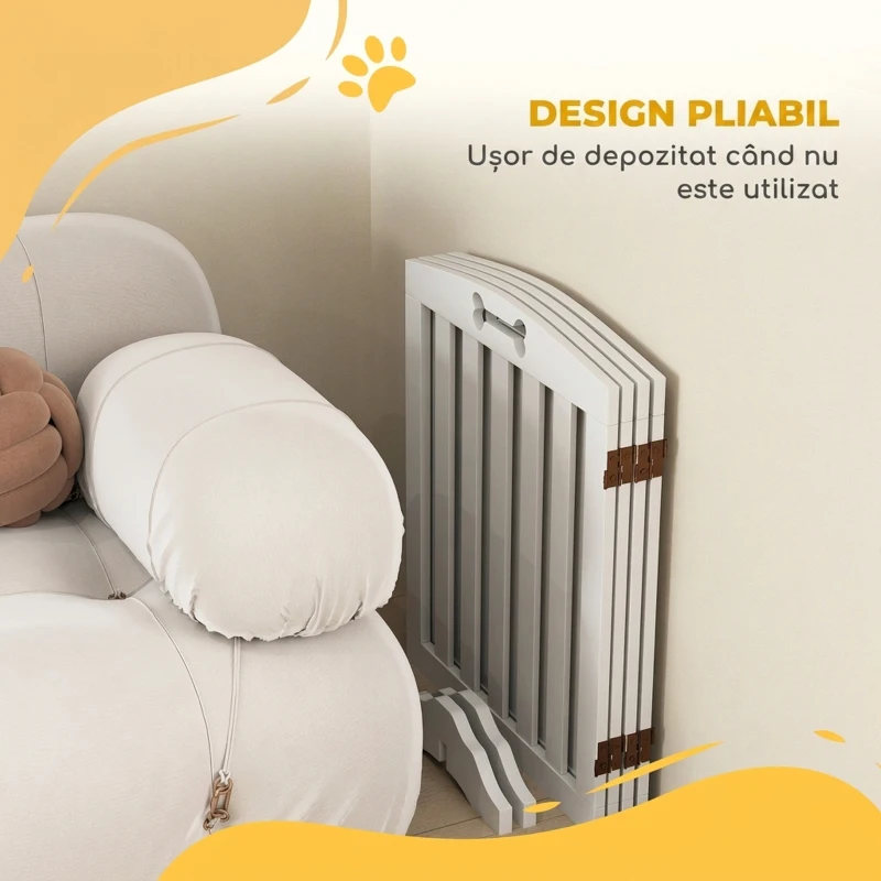 PawHut Poartă Pliabilă pentru Câini cu 4 Panouri, 2 Suporturi, MDF, 207,5x30x61 cm, Alb