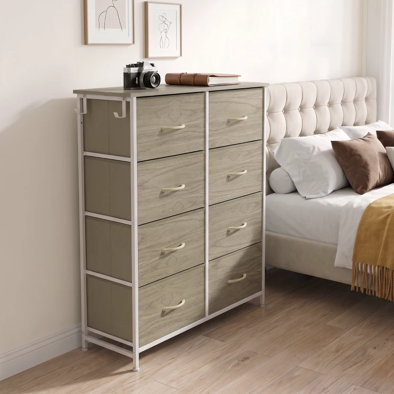 HOMCOM Chest of Drawers, Dresser for Bedroom with 8 Fabric Drawers, Tall Storage Unit w/ Side Storage Bag, Natural Wood Finish