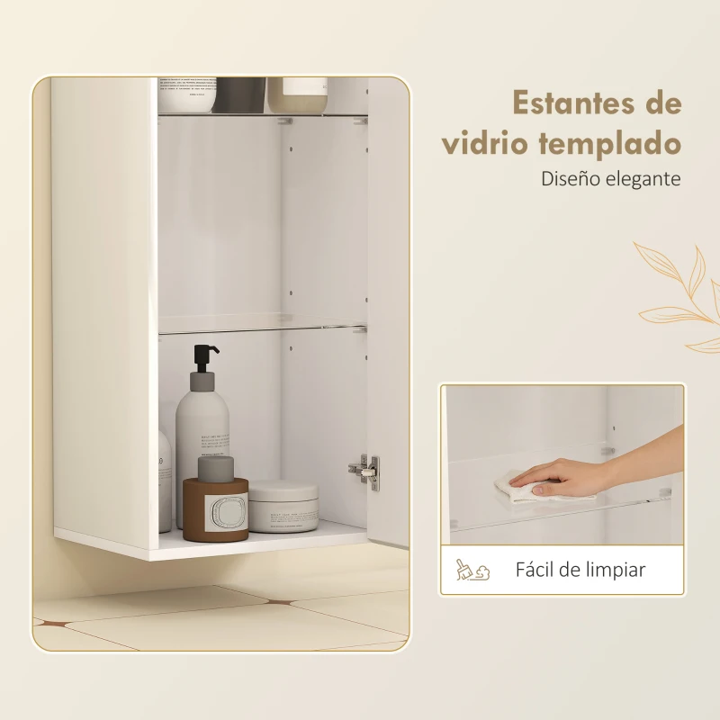 HOMCOM Armario de Baño de Pared Moderno con Puerta Alto Brillo Estantes Ajustables de Vidrio Templado 30x23,4x71,2 cm Blanco
