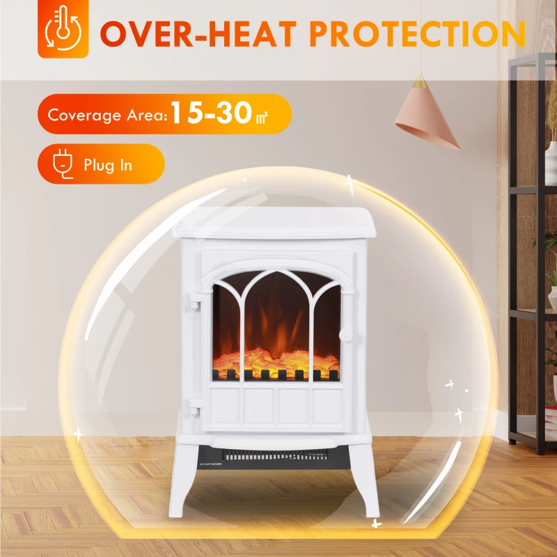 HOMCOM Elektryczny kominek wolnostojący 1000/2000 W, dekoracyjny kominek z efektem płomienia LED, biały