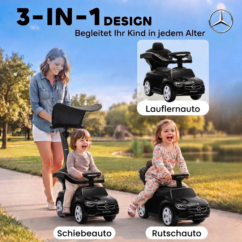 AIYAPLAY 3-in-1 Mercedes-Benz loopauto met duwstang, stuur, claxon, muziek, dak en opbergruimte, zwart