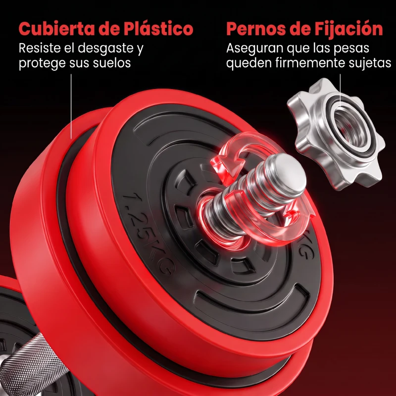 HOMCOM Juego de Mancuernas Ajustables 4 en 1 20 kg como Barra, Mancuernas, con 8 Discos 2 Barras y Biela Ajustable para Entrenamiento de Fuerza, Levantamiento de Pesas, Hogar, Gimnasio, Oficina