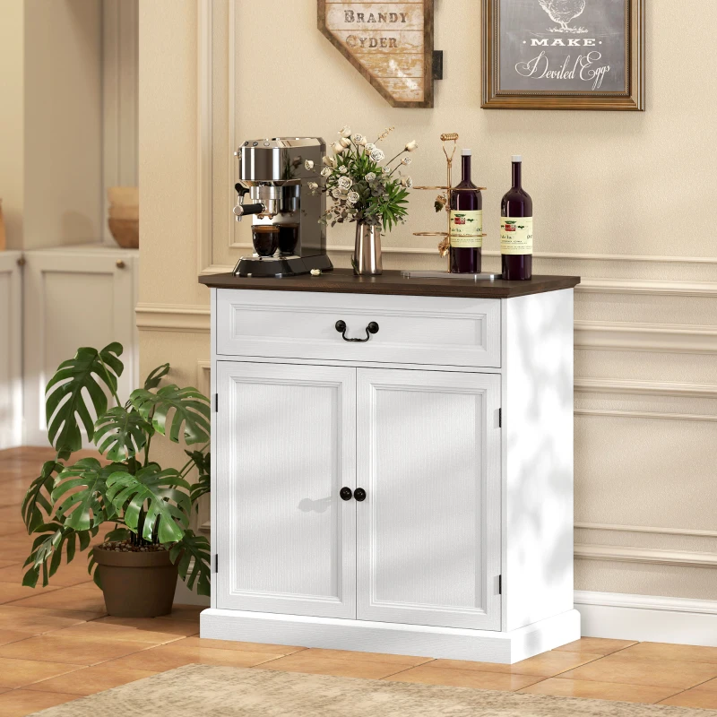 HOMCOM Buffet salon, meuble de rangement avec 2 portes, tiroir silencieux, étagère réglable, 80x40x85cm, blanc et marron