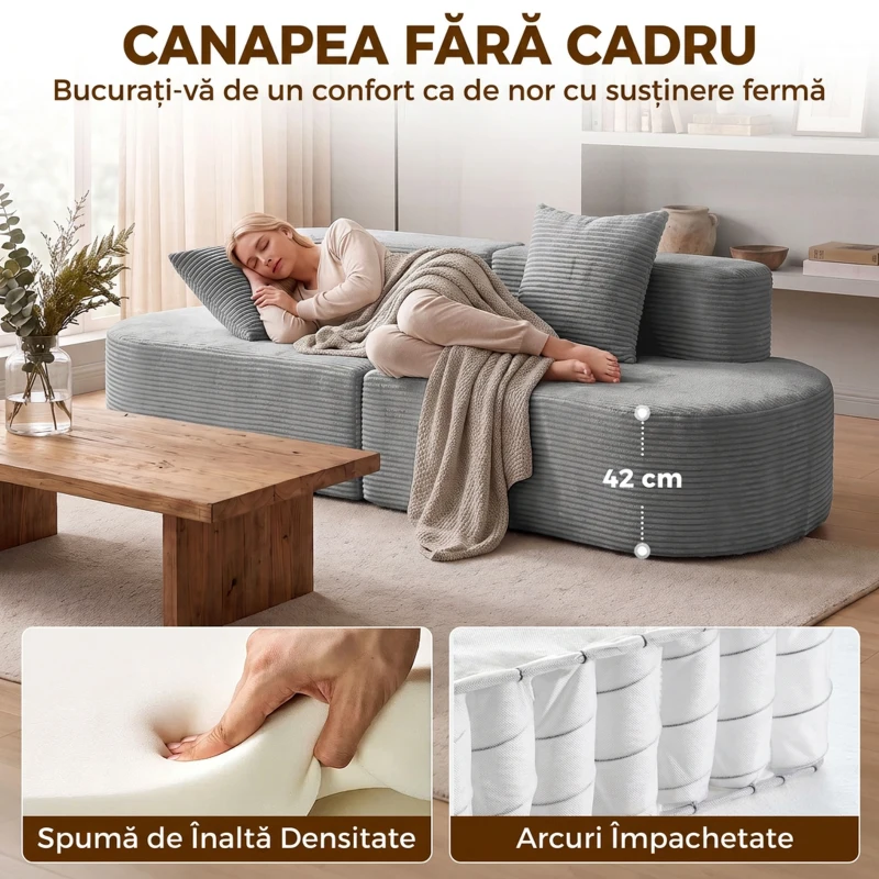 HOMCOM Canapea modulară 3 locuri, cu șezut lat și adânc, arcuri împachetate individual, catifea reiata, gri deschis