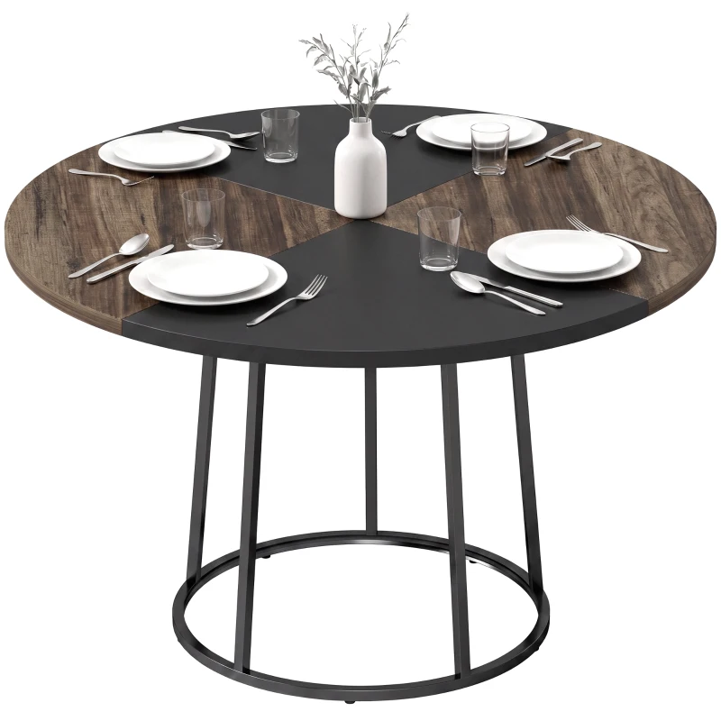 HOMCOM Masă de Dining Rotundă pentru 4-6 Persoane, Blat Bicolor MDF și Metal, 120x120x75 cm, Maro Rustic și Negru
