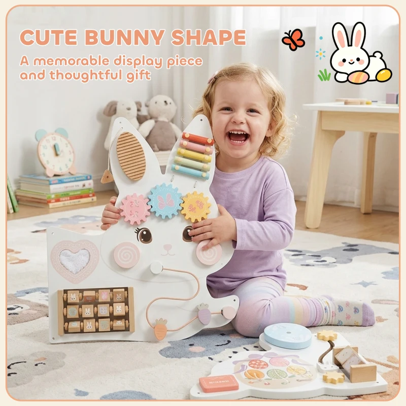 AIYAPLAY Easter Bunny Busy Board Panels, Montessori Wall-Mounted Toddler Learning Activity Centre for Living Room Kids Room White