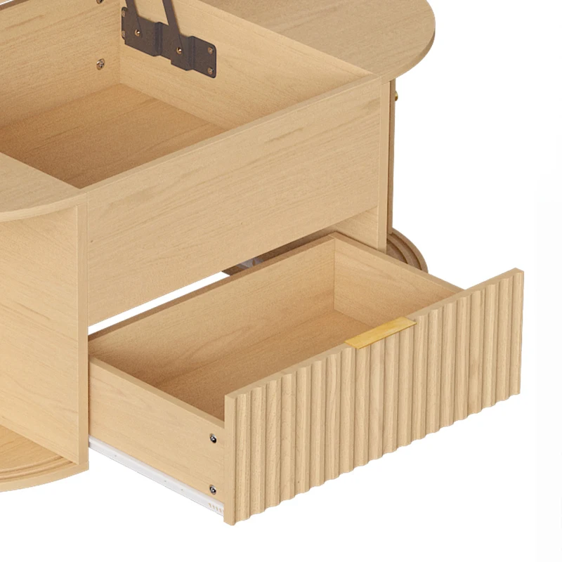 HOMCOM Table Basse Relevable Ovale, Compartiment Caché, Tiroir Cannelé, Portes Coulissantes et Placards, 100x50x40cm, Chêne