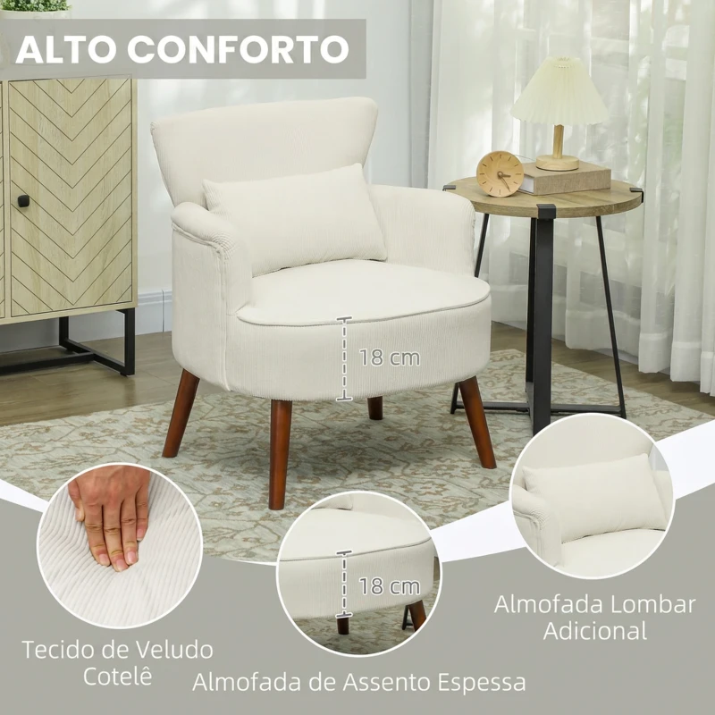HOMCOM Poltrona Relax Individual em Bombazina com Almofada, Braços e Pés de Madeira para Quarto e Escritório, Creme