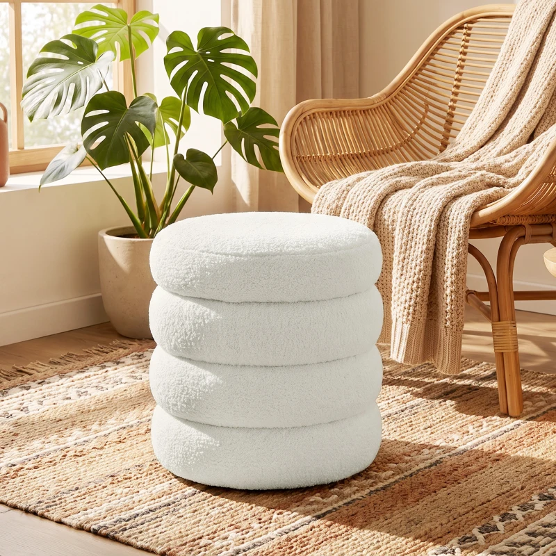 HOMCOM Hocker, rund, Teddyfleece, bis 120kg, Φ40x45H cm, Weiß
