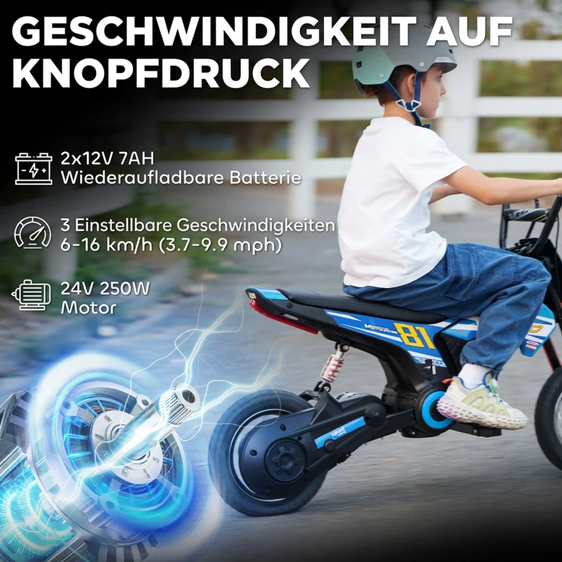 AIYAPLAY Elektro Motorrad Kinder 24 V Kinder Motocross mit 250W Motor 7Ah Akku Hinterradfederung Scheibenbremse 16km/h 8–12 Jahre