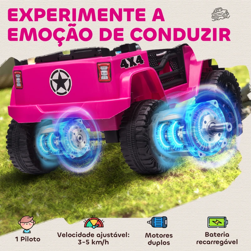 HOMCOM Carro Elétrico Infantil Bateria 12V com 2 Motores Controle Remoto 2.4G Luzes Buzina Velocidade Ajustável 100x65x72 cm Rosa