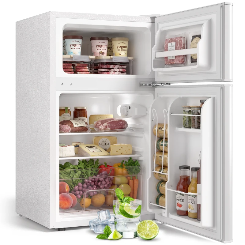 HOMCOM 2-deurs mini-koelkast met vriesvak, instelbare thermostaat, kleine drankkoelkast 90L, wit