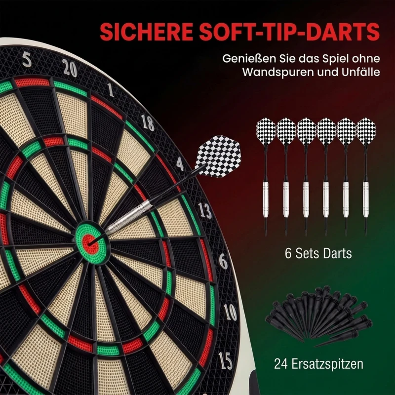 HOMCOM Elektronische Dartscheibe Dartboard mit Englische Sprachansagen LED-Anzeigen 6 Darts 24 Dartköpfe 18 Spiele 159 Varianten Dartautomat Dartscheibe Set für bis zu 8 Spieler