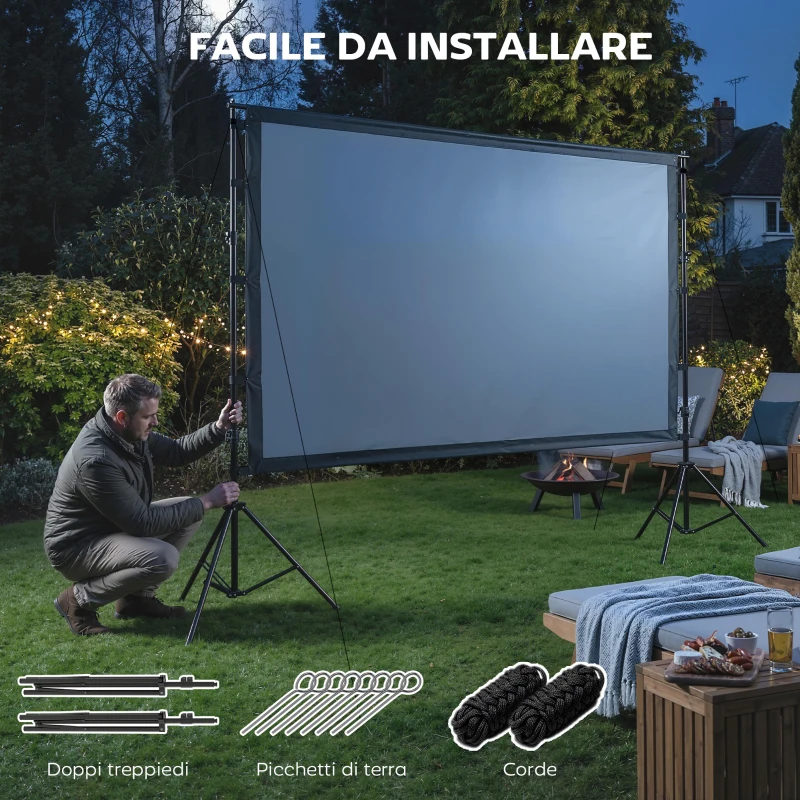 HOMCOM Telo per Proiettore 100" 16:9 HD 4K/8K, Angolo di Visione 160°, Doppia Facciata e Treppiedi Pieghevoli, Bianco