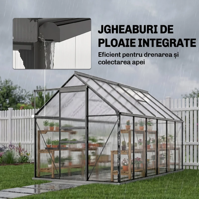 Outsunny Seră de grădină din policarbonat, 7,1 m², cu cadru din aliaj de aluminiu, jgheaburi, ferestre reglabile și ușă glisantă