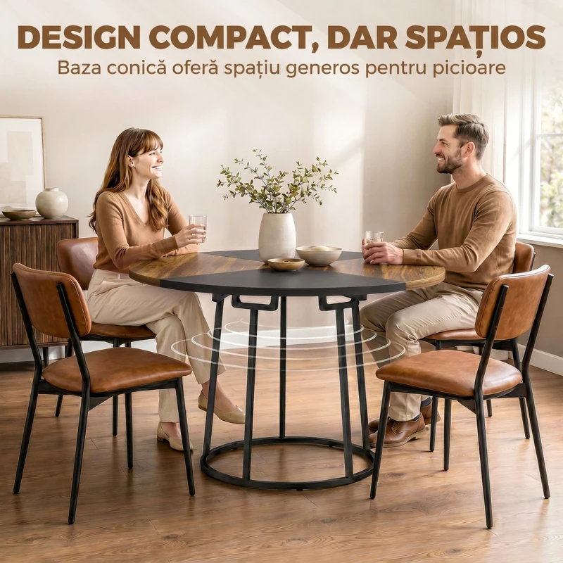HOMCOM Masă de Dining Rotundă pentru 4-6 Persoane, Blat Bicolor MDF și Metal, 120x120x75 cm, Maro Rustic și Negru