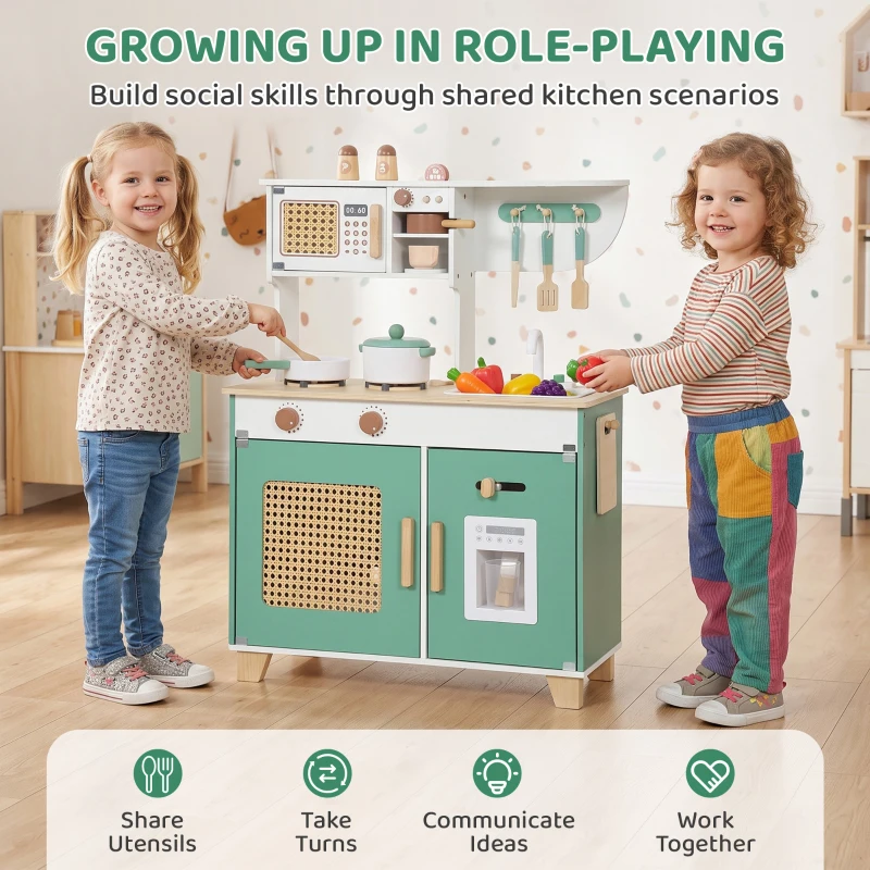 AIYAPLAY Cuisine Enfant en Bois 19 Accessoires, Cafetière, Machine à Glaçons, Micro-Ondes, Placard, 3-6 Ans, 61x27x79,7cm, Vert