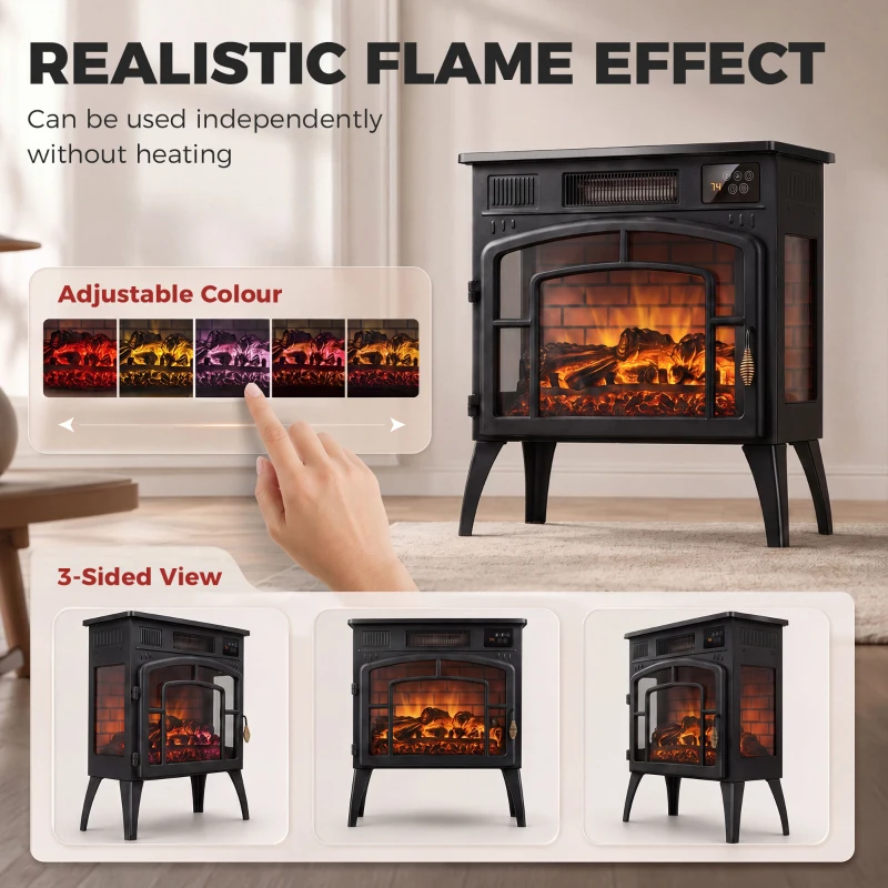 HOMCOM Smart Electric Fireplace Stove Log Burner, 3-Sided Glass WiFi Electric Fire Heater w/ 5-Colour Flame, Black