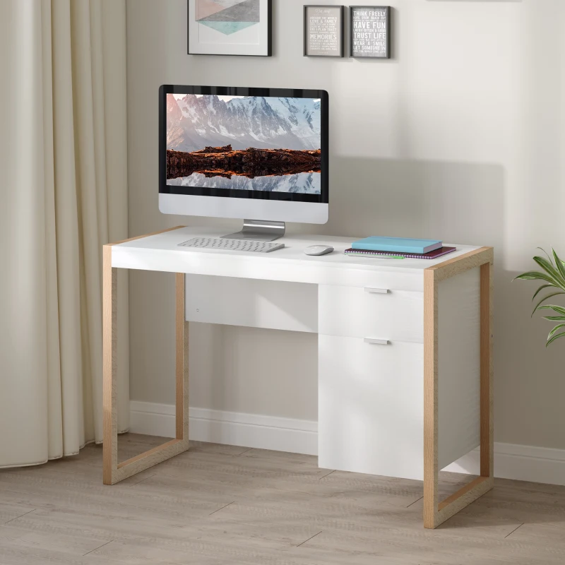 HOMCOM Mesa de Computador com Gaveta Armário Pés em Forma Retangular112,5x50x75,5 cm Branco e Madeira