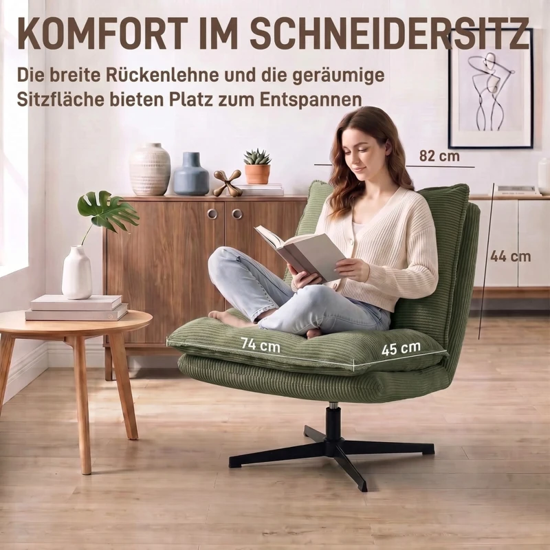 HOMCOM Loungesessel mit Hocker, 360° drehbar, Cordbezug, höhenverstellbare Fußstütze, Grün