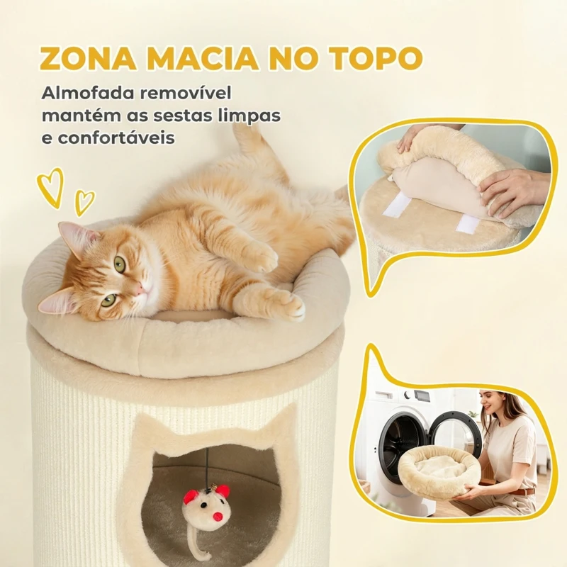 PawHut Barril Arranhador para Gatos 4 Níveis Ø38x96 cm, com 3 Tocas, Cama Superior Lavável, Sisal e 3 Brinquedos, Creme
