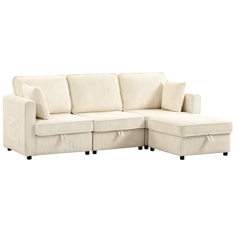 HOMCOM Sofá Chaise Longue de 3 Plazas con Almacenaje y Otomana Reversible de Pana 235x153x85 cm Blanco Crema