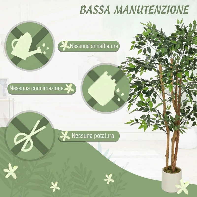 HOMCOM Pianta Artificiale di Baniano in PEVA e Legno con Rami Orientabili e Vaso Contenitore Bianco in PP e Cemento