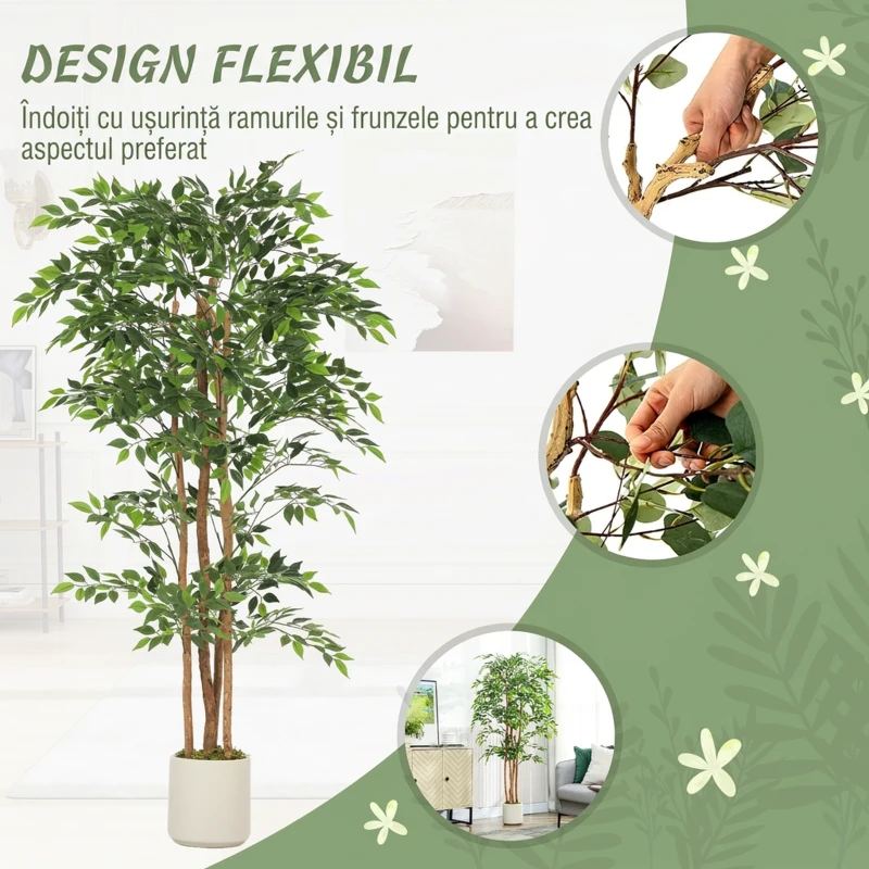 HOMCOM Plantă Artificială Ficus Banyan din Peva și Lemn, cu Ramuri Flexibile și Ghiveci din PP și Ciment, Verde