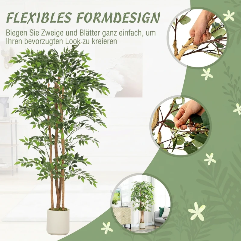 HOMCOM Kunstmatige banyanboom kunstplant met massieve houten stam, pot, voor woonkamer slaapkamer kantoor 75 x 75 x 180 cm groen