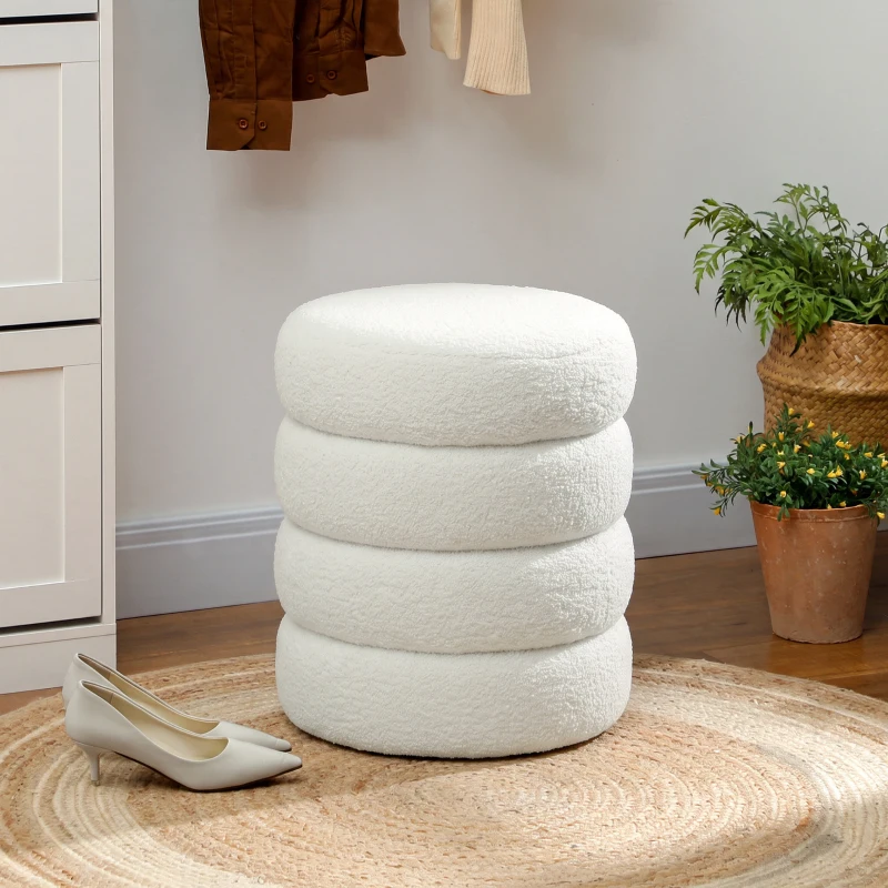 HOMCOM Repose pied salon, tabouret ottoman rond rembourré en peluche Teddy, pour chambre à coucher, entrée, Ø 40 x 45 cm, blanc