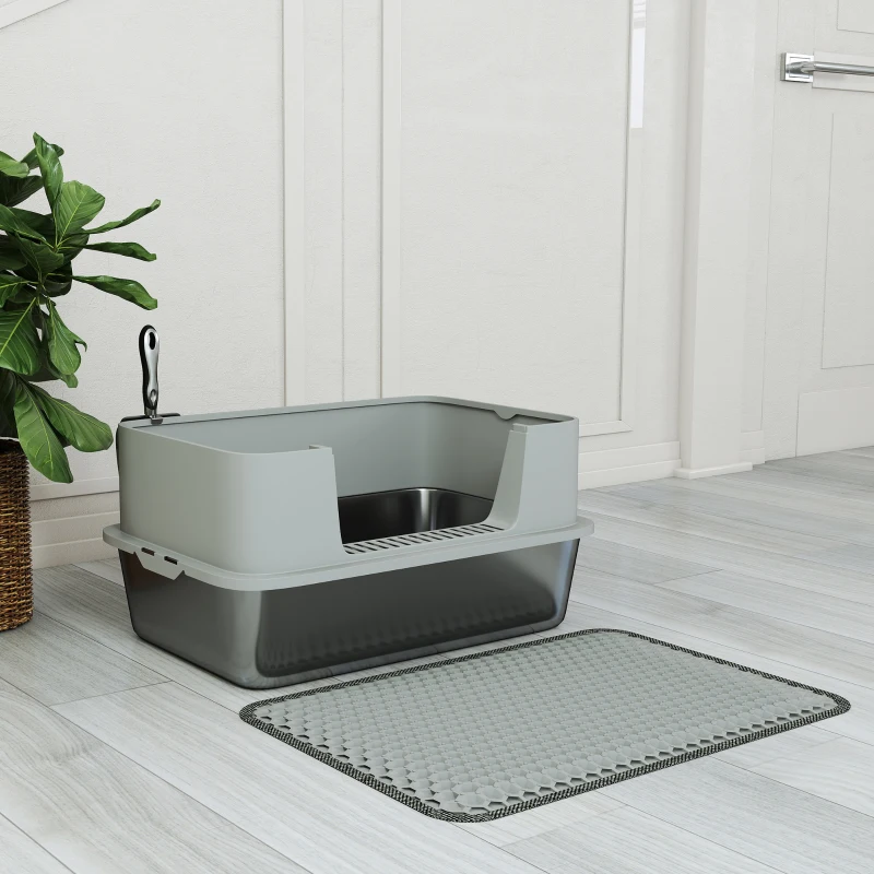 PawHut Bac à litière XL en acier inoxydable, maison de toilette pour grand chat, nettoyage facile 60,2 x 40,2 x 29,5 cm, gris