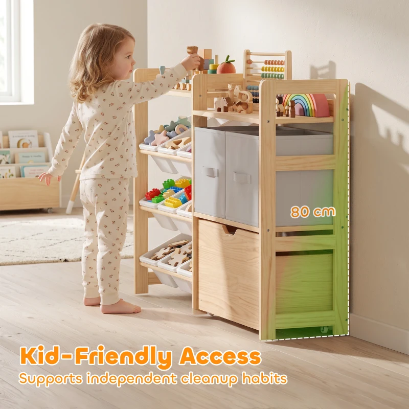 AIYAPLAY Wooden Toy Storage Unit with Rolling Toy Chest, 2 Fabric Drawers, 2 Shelves and 9 Bins for Bedroom, Playroom, Nursery