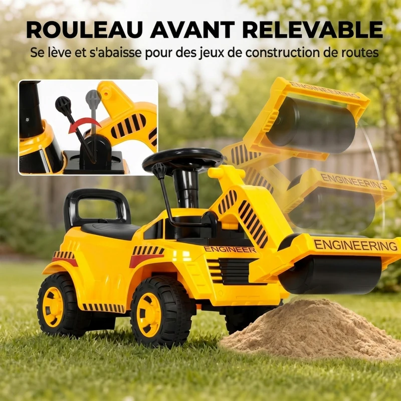AIYAPLAY Porteur Enfant Rouleau Compresseur, Rouleau avant Relevable, Volant, Klaxon, Rangement sous Siège, 95x29x41cm, Jaune