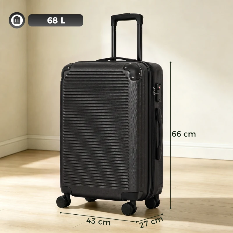 HOMCOM Troler Rigid Mediu 68L, Extensibil, ABS, 4 Roți Pivotante, Colțuri de Protecție, 66 x 43 x 27 cm, Negru