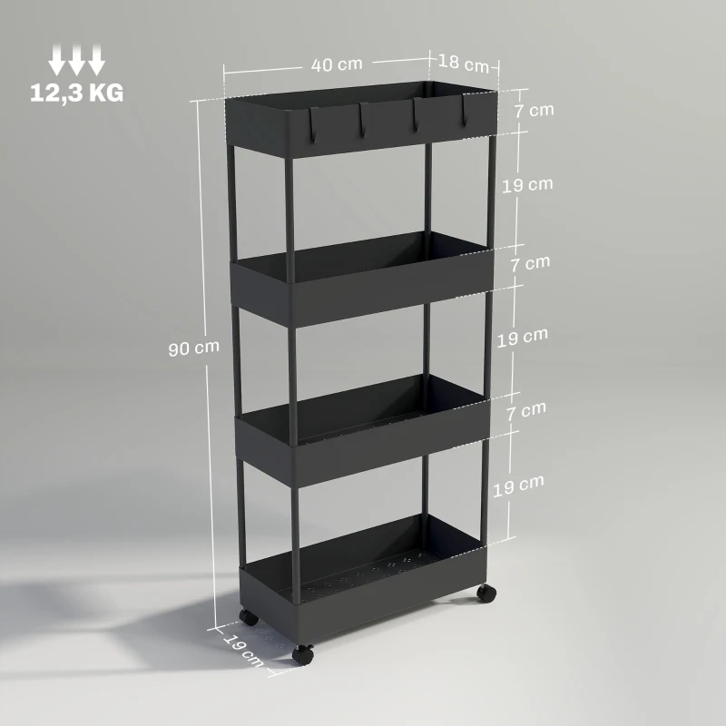 HOMCOM Küchenwagen mit 4 Regalen, 4 flexiblen Haken, 4 Rollen, 40 cm x 19 cm x 90 cm, Nischenwagen, Schwarz